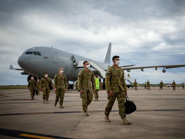 Australian Defence Force troops disembark at Avalon Airport. More money has been alllocated for the mental welfare of our veterans. Picture: Darrian Traynor/Getty Images