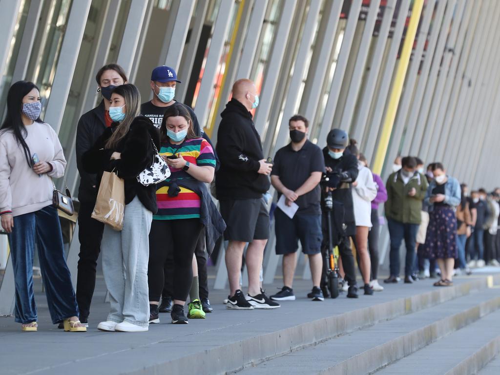 An orderly queue for vaccination at the Melbourne Exhibition Centre: a thoroughly modern Australian scene. Picture: David Crosling