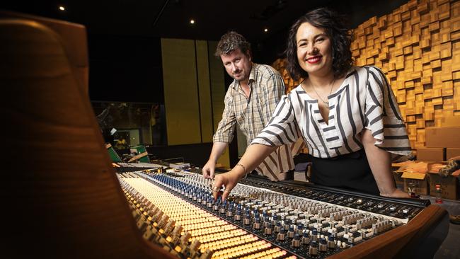 Head of School for Creative Arts and Media, Associate Professor Meg Keating and Lecturer in Contemporary Music Matt Boden with the new APIAXS Legacy Console in the control room at the UTAS Hedberg building in Hobart. Picture: CHRIS KIDD