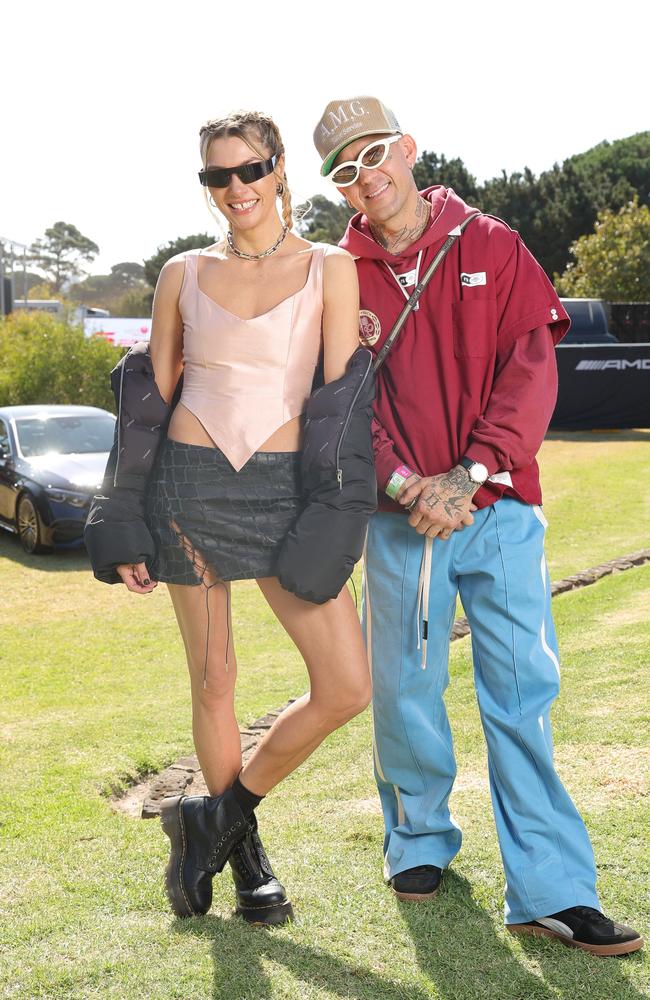 Jess Hart and James Kirkham at the Mercedes marquee. Picture: Lucas Dawson