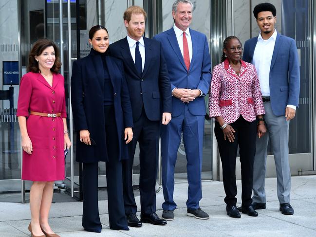 Gov. Kathy Hochul, Meghan, Duchess of Sussex, Prince Harry, Duke of Sussex, Bill De Blasio, Chirlane McCray and Dante de Blasio at One World Observatory in New York. Picture: Getty Images