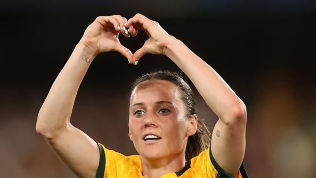 Hayley Raso of Australia celebrates scoring a goal against Uzbekistan in Melbourne. Picture: Kelly Defina/Getty Images.