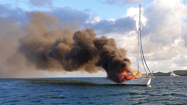 The burning yacht southwest of Moreton Island. Picture: Queensland Police Service