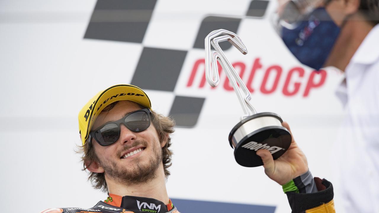 Remy Gardner celebrates clinching second place on the podium during the Moto2 race in San Marino. Picture: Mirco Lazzari gp/Getty Images