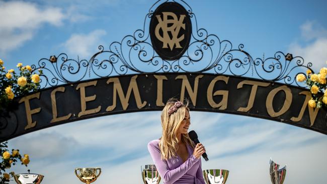 Nadia Bartel launches the Flemington carnival at the Melbourne race course’s mounting yards on Tuesday. Picture: Getty Images