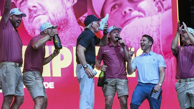 LIV Golf CEO and commissioner Greg Norman Commissioner with the Ripper team during LIV Adelaide at The Grange Golf Club on Sunday. Picture: Mark Brake/Getty Images