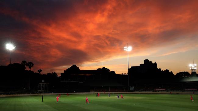 A sunset during the WBBL match between the Sydney Sixers and Hobart Hurricanes at North Sydney oval last season. Pic. Phil Hillyard