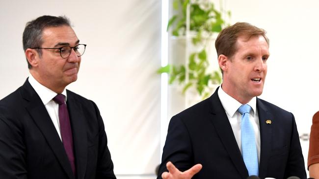 Trade Minister Stephen Patterson, with Premier Steven Marshall (left). Picture: Tricia Watkinson