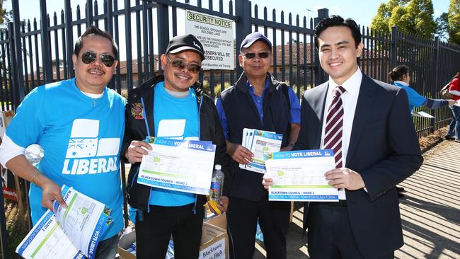 Ward 2 Liberal candidate Jaymes Diaz at Blacktown Boys High School with supporters and voting at the Blacktown Council elections