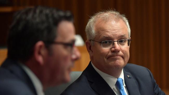 Victorian Premier Daniel Andrews, left, says he’s grateful to Scott Morrison for a heartfelt commitment to working together on mental health. Picture: Getty Images