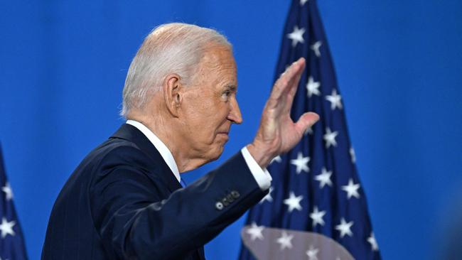 US President Joe Biden waves as he leaves after speaking during a press conference at the close of the 75th NATO Summit. Picture: AFP