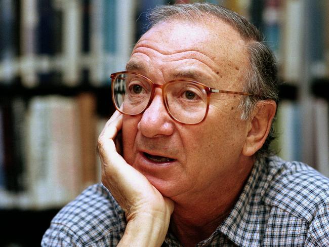 FILE- In this Sept. 22, 1994, file photo, american playwright Neil Simon answers questions during an interview in Seattle, Wash. Simon, a master of comedy whose laugh-filled hits such as "The Odd Couple," "Barefoot in the Park" and his "Brighton Beach" trilogy dominated Broadway for decades, died on Sunday, Aug. 26, 2018. He was 91. (AP Photo/Gary Stuart, File)