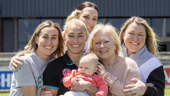 Erin Phillips with family at her retirement announcement. Picture by Kelly barnes