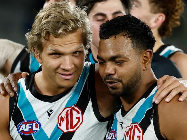 MELBOURNE, AUSTRALIA - JULY 26: Quinton Narkle (left) and Willie Rioli of the Power celebrate during the 2024 AFL Round 20 match between the Carlton Blues and the Port Adelaide Power at Marvel Stadium on July 26, 2024 in Melbourne, Australia. (Photo by Michael Willson/AFL Photos via Getty Images)