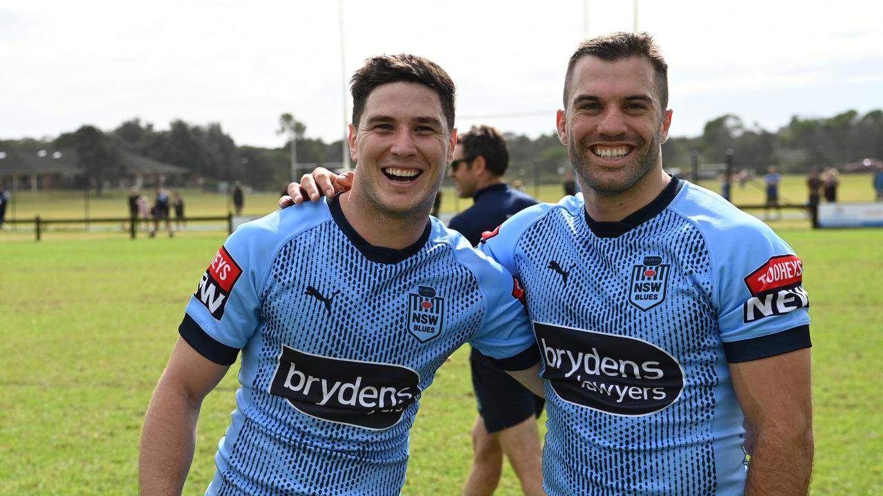 More than four years after leaving Wests, Mitchell Moses and James Tedesco have reunited in NSW camp. Picture: Grant Trouville.