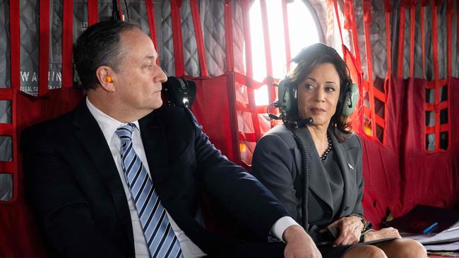 UVice President Kamala Harris and her husband and Second Gentleman Doug Emhoff travel in an army helicopter last March. Picture: AFP