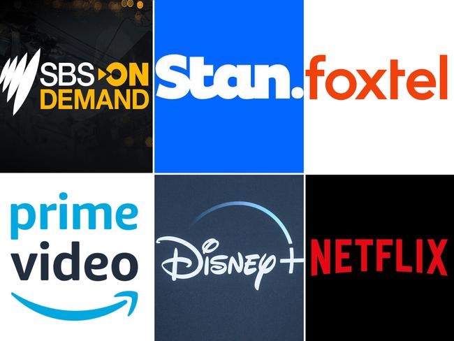 4:3 crop - Australia streaming services logo composite. Sbs On Demand, Stan, Foxtel, Amazon, Disney, Netflix.