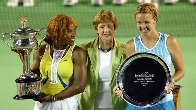 Australian Open Women's final winner Serena Williams with Lindsay Davenport and Margaret Court at the trophy presentation in Melbourne in 2005.