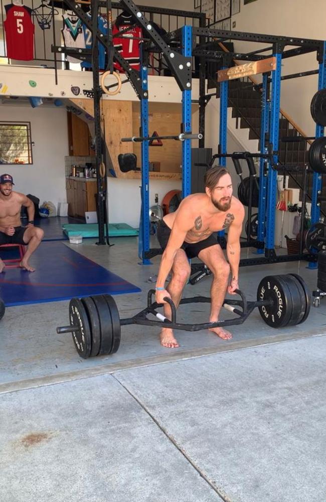 Dixon and Boak weight training at the Red Bull High Performance Centre in California. Picture: Supplied.