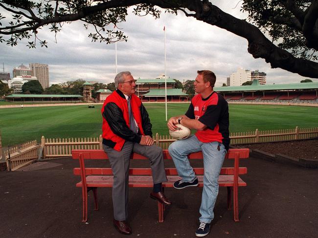 Norths RL player Greg Florimo (R) and former player Norm Strong at North Sydney Oval, Greg is about to break Norm's first grade games record.