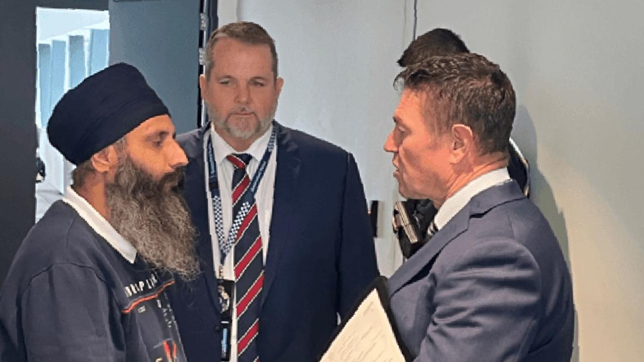 Rajwinder Singh was formally arrested at Tullamarine airport in Melbourne at 1.10pm on March 3, 2022. Picture: Queensland Police Service.
