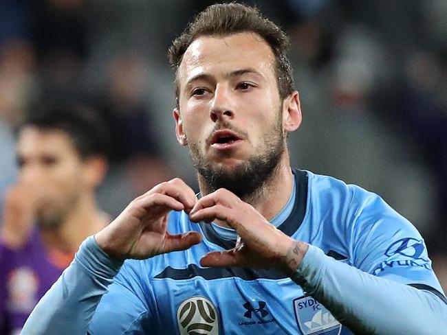 Adam Le Fondre of Sydney FC celebrates goal  during the A-League Semi Final match between Sydney FC and Perth Glory at Bankwest Stadium. Picture. Phil Hillyard