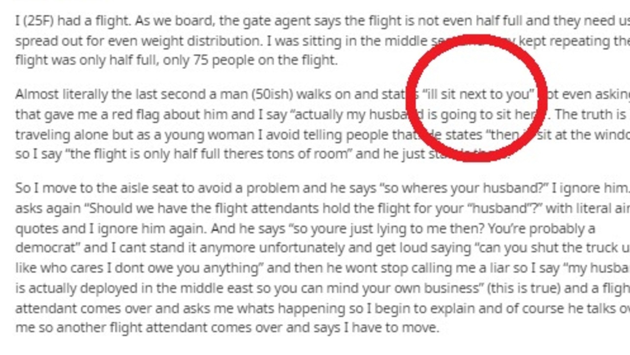 A woman has revealed how she was left ‘shaken’ after telling a fellow passenger a white lie to stop him sitting next to her on an almost empty flight. Picture: Reddit