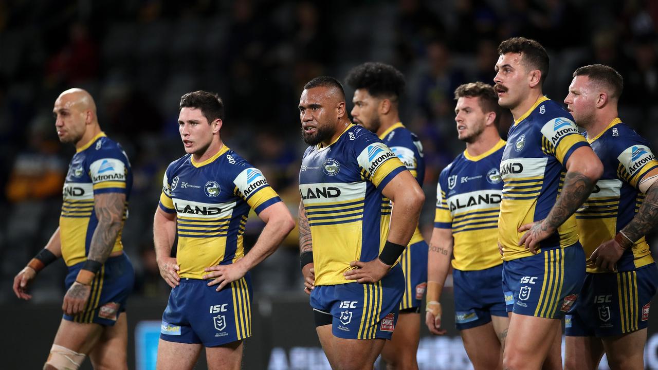 The Eels look on after their 38-0 loss to the Rabbitohs