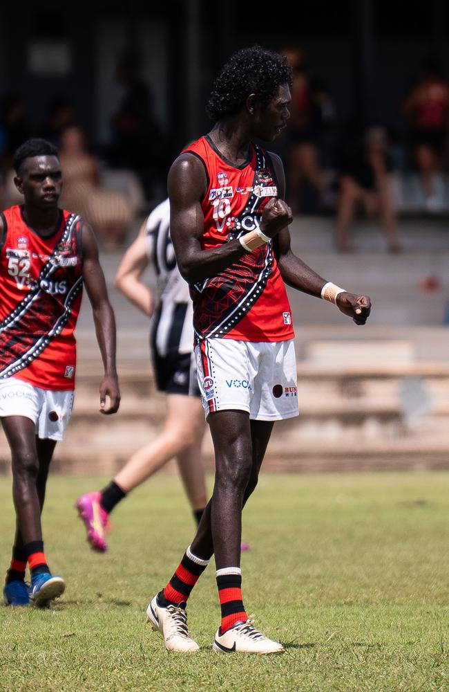 Thaddeus Puautjimi playing for the Tiwi Bombers in the 2024-25 NTFL season. Picture: Jack Riddiford / AFLNT Media