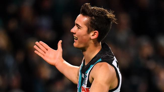 Connor Rozee celebrates a goal during his debut 2019 AFL season. Picture: Daniel Kalisz/Getty Images