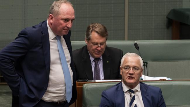 Barnaby Joyce with Damian Drum during Question Time on Tuesday. Picture: Martin Ollman