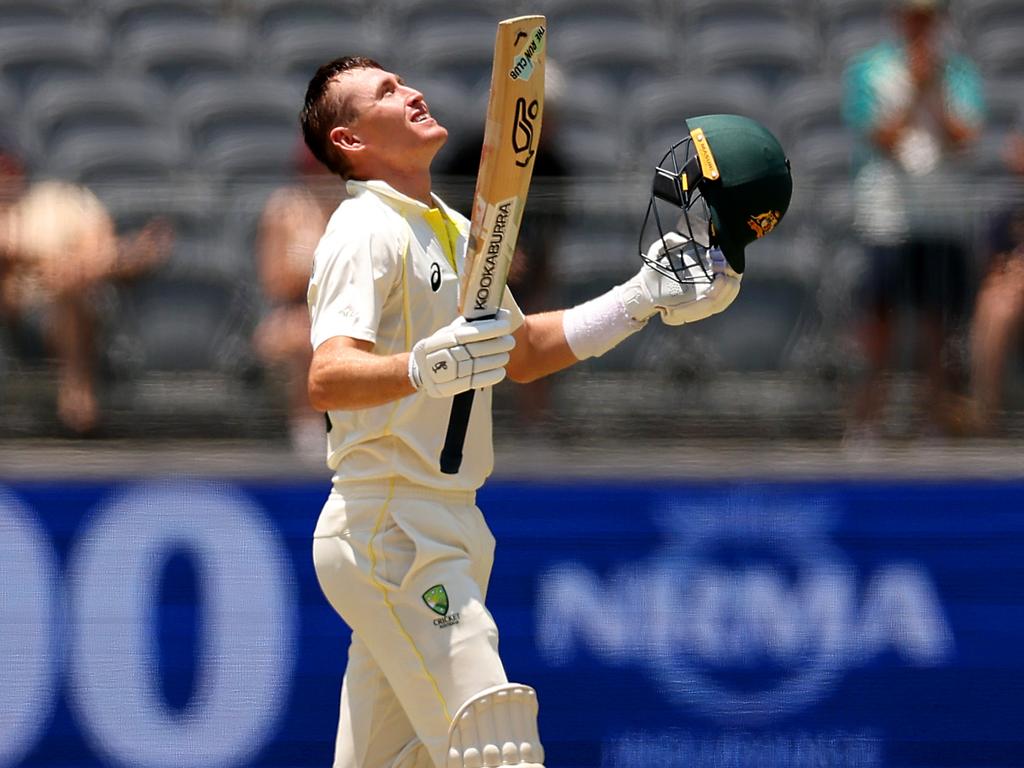 Marnus Labuschagne salutes after his historic century. Picture: Cameron Spencer/Getty