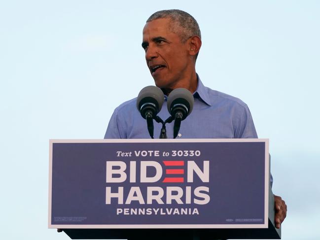 Former US President Barack Obama addresses Biden-Harris supporters during a drive-in rally in Philadelphia, Pennsylvania. Picture: AFP