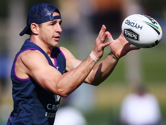 MELBOURNE, AUSTRALIA - SEPTEMBER 24:  Billy Slater of the Storm runs with the ball during a Melbourne Storm NRL training session at Gosch's Paddock on September 24, 2018 in Melbourne, Australia.  (Photo by Michael Dodge/Getty Images)