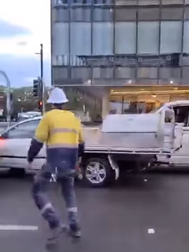 Workers were almost struck as they attempted to stop Bycroft’s Ford Falcon ute. Picture: Facebook/Luke Kennedy.