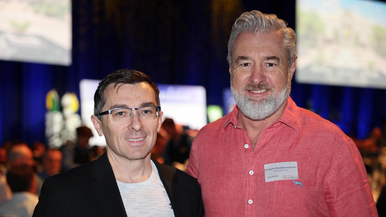 Charles Scheuber and Evangelos Karathanasopoulos at the TSS Foundation Breakfast, Gold Coast Convention and Exhibition Centre. Picture, Portia Large.