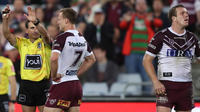 Jake Trbojevic’s sin-binning was costly for Manly. Picture: Brett Costello