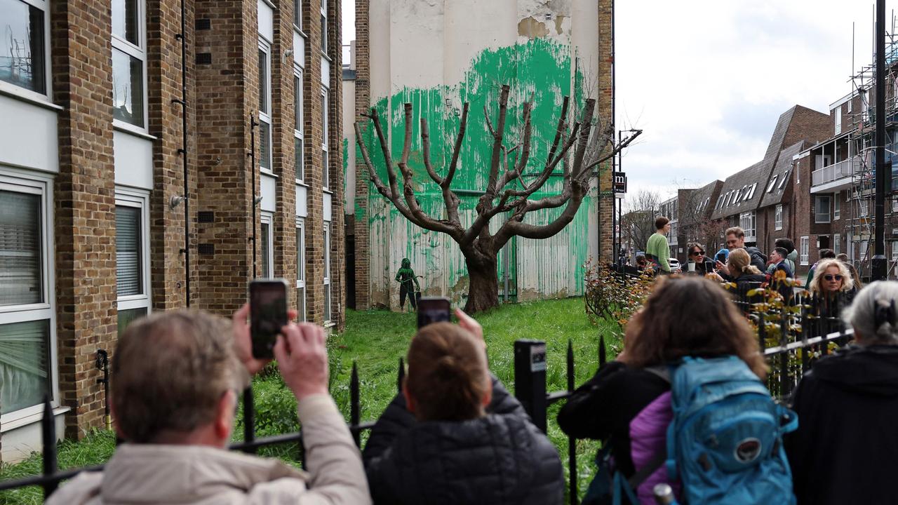 Crowds gather to view the new Banksy artwork, which shows a stencilled figure to the left, as if having spray-painted tree foliage onto a wall behind a leafless tree in London. Picture: Adrian Dennis/AFP