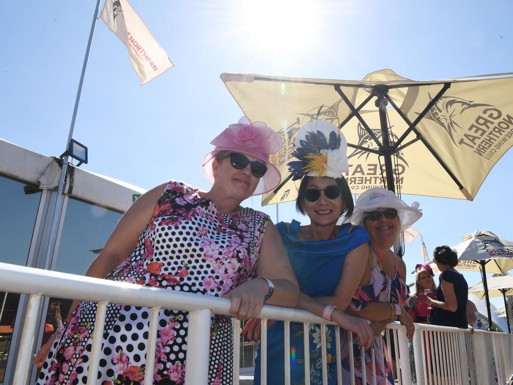 Jayde Martin, Cecilia Quek and Wendy Fry at the Darwin Turf Club Bridge Toyota Ladies' Day / Derby Day. Picture: KATRINA BRIDGEFORD