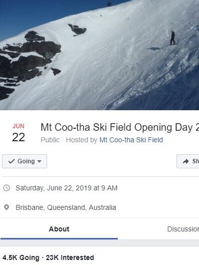 A screenshot taken of the Mt Coo-tha Ski Field Opening Day 2019 Facebook page. Picture: Facebook