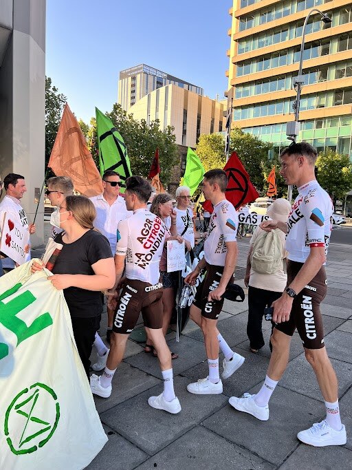 Extinction Rebellion split into two groups to protest on different sides of the Tour Down Under. Picture: Tia Ewens