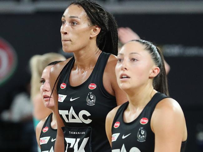 MELBOURNE, AUSTRALIA - MARCH 26: Magpies look on after the narrow loss during the round two Super Netball match between Collingwood Magpies and Melbourne Vixens at John Cain Arena, on March 26, 2023, in Melbourne, Australia. (Photo by Kelly Defina/Getty Images)