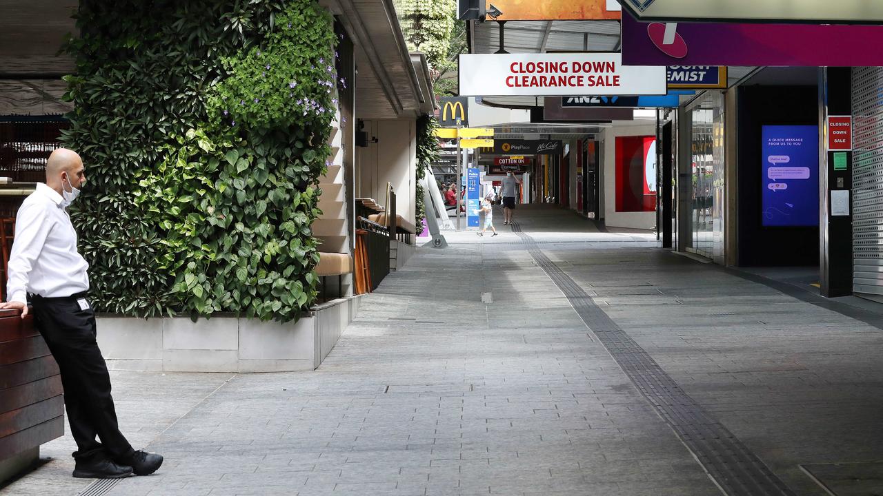 COVID-19 lockdown causing an empty Queens Street Mall, Brisbane. Photographer: Liam Kidston.