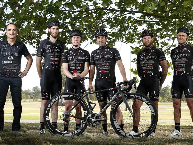 Michele Primaro (team manager), Tristan Jones, Justin Gassner, Chris Luxton, Jay Sweet and Russell van hout from Team Lightsview at Victoria Park. Photo: Simon Cross