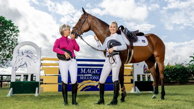 Showjumper Michelle Lang-McMahon, left, and jockey Kathy O’Hara with Ned O’Reilly ahead of the Magic Millions showjumping event. Picture: Luke Marsden