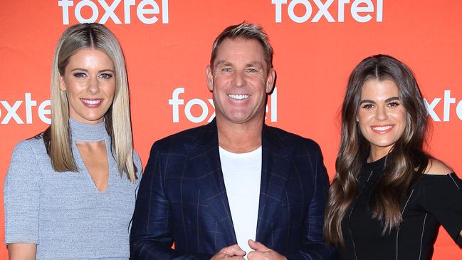 Lara Pitt, Shane Warne and Hannah Hollis at the Foxtel Experience held at Fox Studios in Moore Park.Picture: Christian Gilles