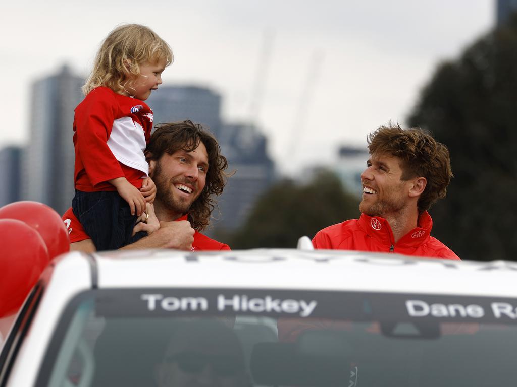 Hickey and Lou during the 2022 AFL grand final parade. Picture: Phil Hillyard