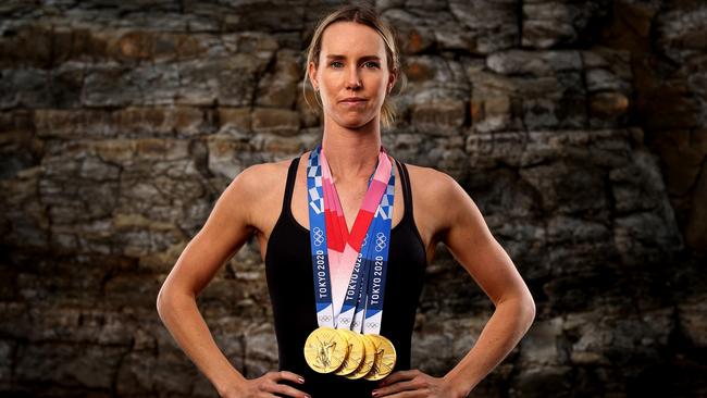 WOLLONGONG, AUSTRALIA - AUGUST 26: Australian swimmer Emma McKeon poses during a portrait session at the Wollongong Rockpool on August 26, 2021 in Wollongong, Australia. McKeon won a total of 7 medals at the Tokyo 2020 Olympic Games including 4 gold medals. McKeon now has 11 Olympic medals, the most of any Australian in history. (Photo by Brendon Thorne/Getty Images)