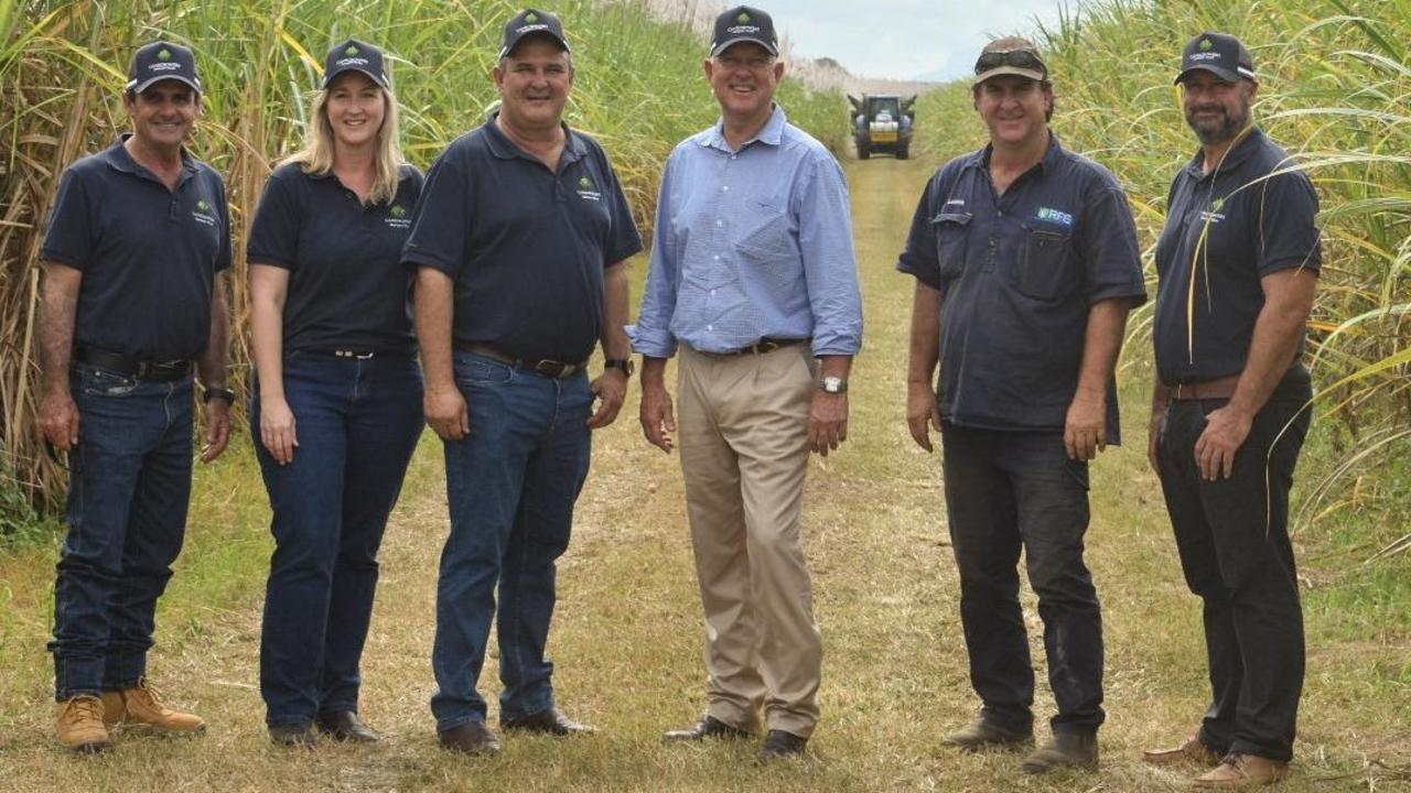 Minister for Primary Industries Tony Perrett (centre) with Canegrowers Herbert River board members Sam Torrisi, Leah Russo and Steven Marbelli (left) and local grower Darren Reinaudo and Canegrowers Herbert River manager Frank Scardamaglia (right) near Ingham on Friday. Picture: Supplied