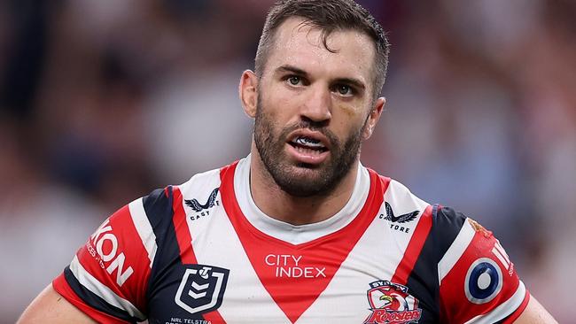 SYDNEY, AUSTRALIA - MARCH 28:  James Tedesco of the Roosters reacts during the round four NRL match between Sydney Roosters and Penrith Panthers at Allianz Stadium on March 28, 2024, in Sydney, Australia. (Photo by Cameron Spencer/Getty Images)